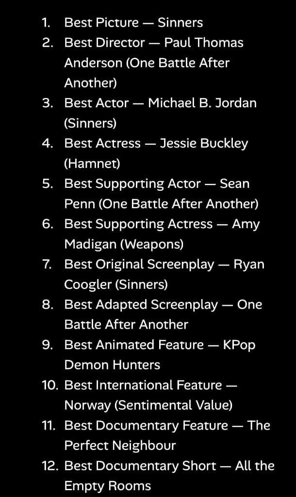 Oscar predictions categories 1 through 12