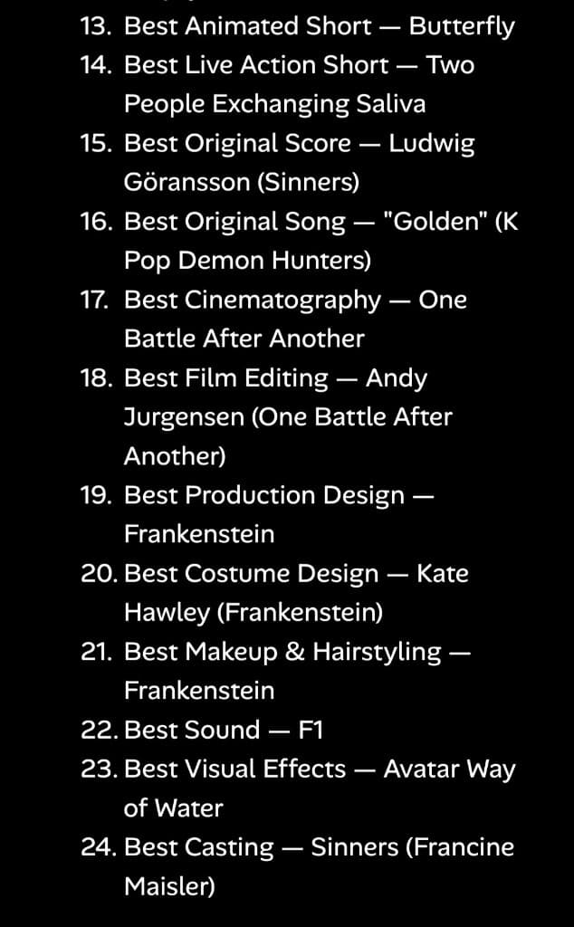 Oscar predictions categories 13 through 24